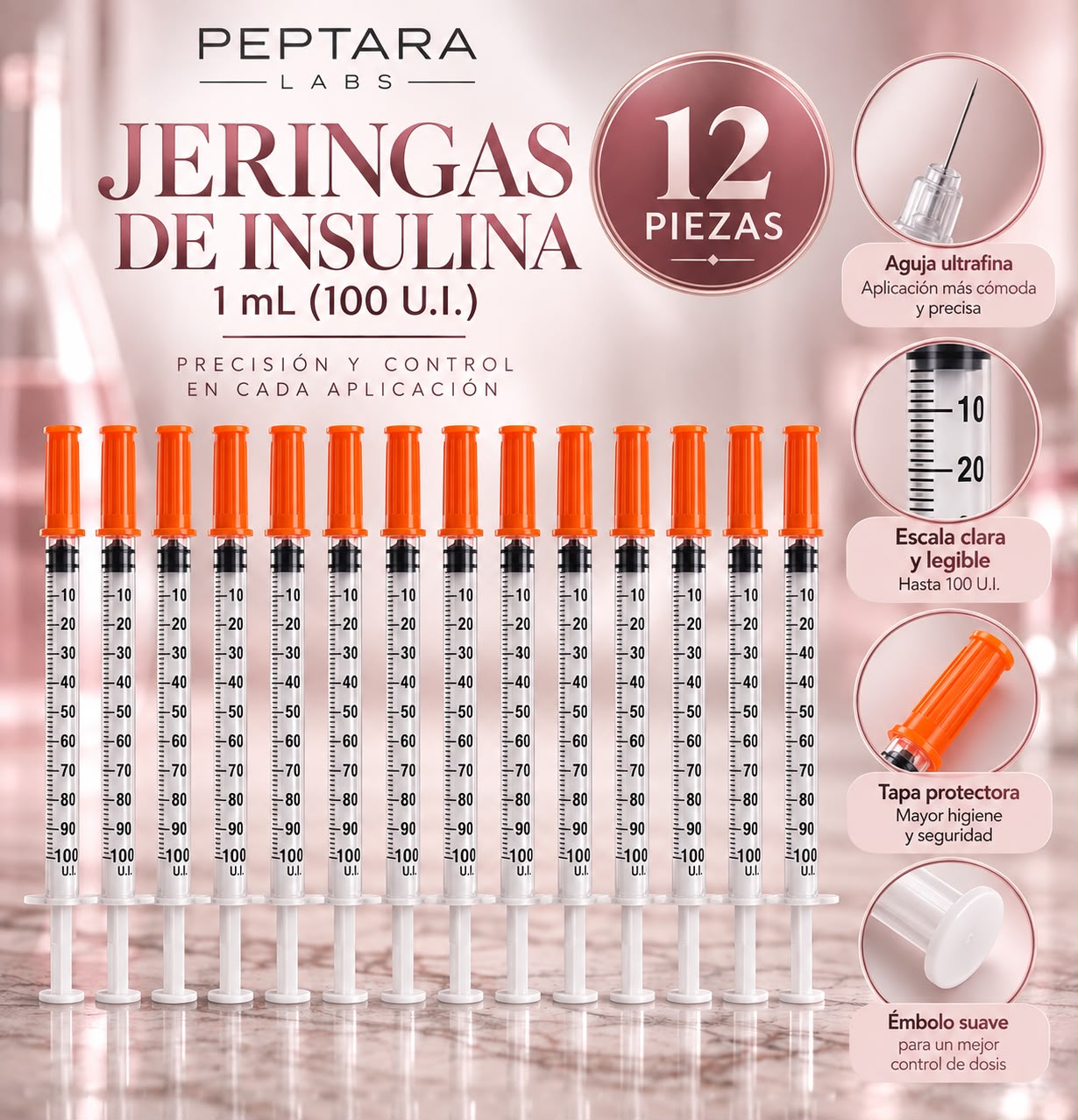 Jeringas de Insulina 1 mL, 12 piezas