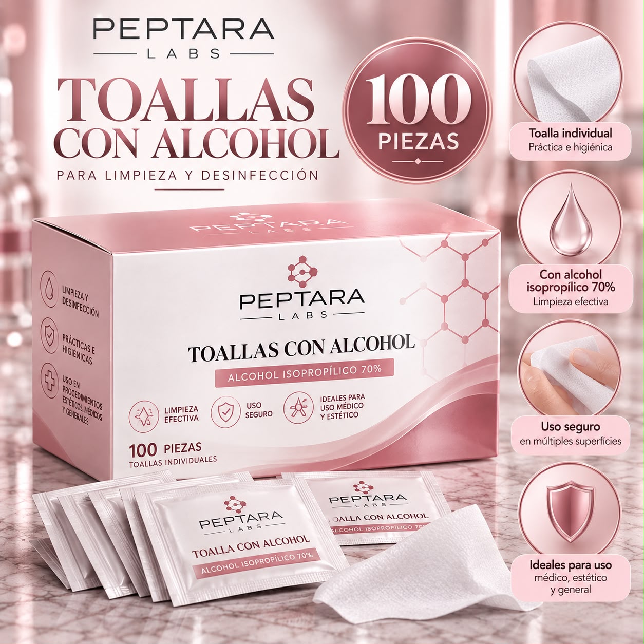 Toallas con Alcohol, caja de 100 piezas